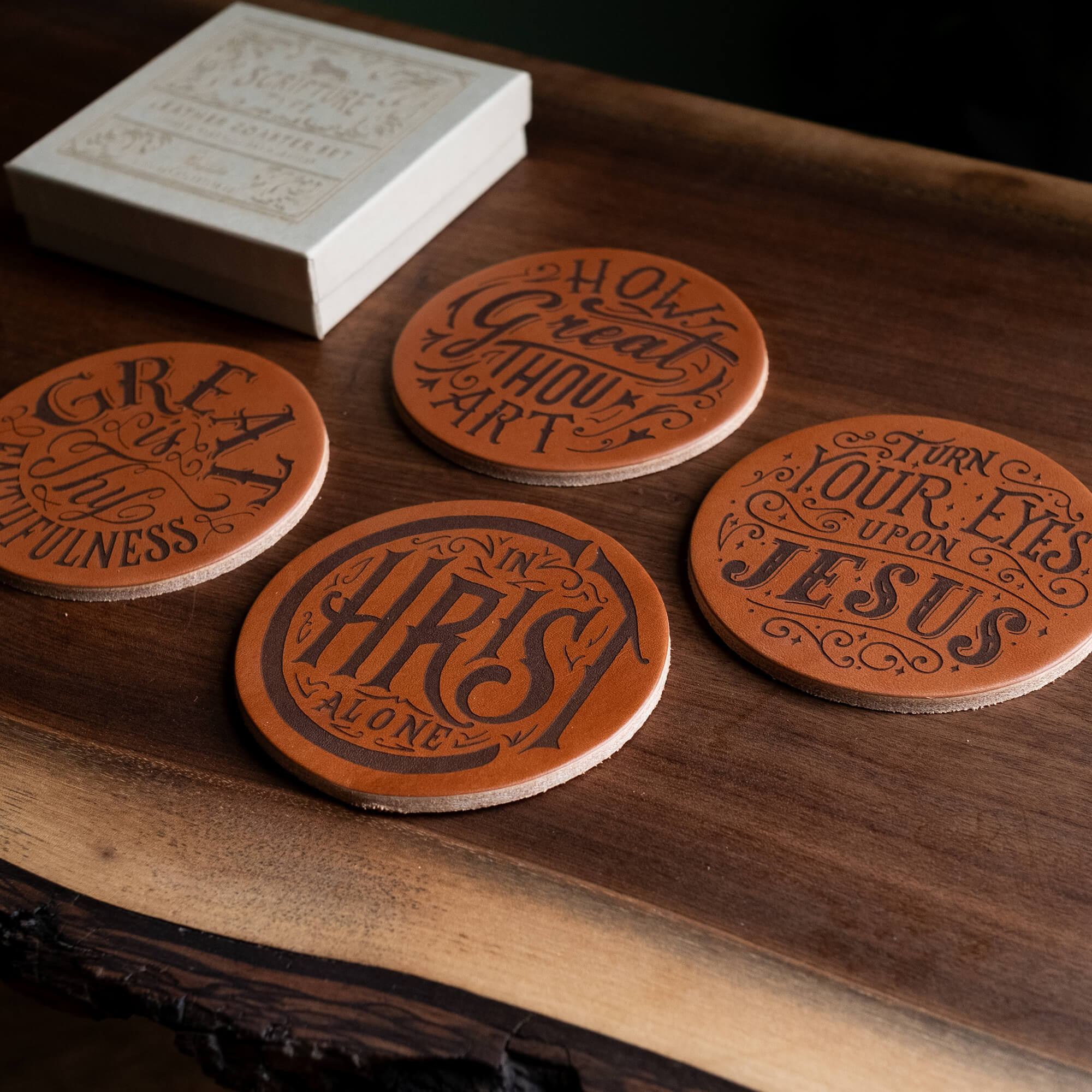 "Hymns" Leather Coaster Set