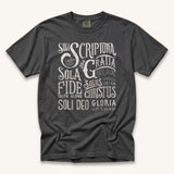 The Solas Tee hand-drawn design of the five solas by Scripture Type