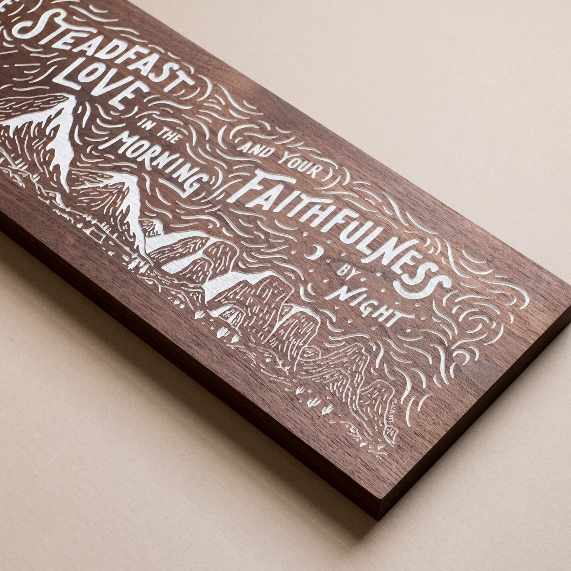 Psalm 92:2 Steadfast Love hand-drawn and hand-painted walnut wood engraving by Scripture Type