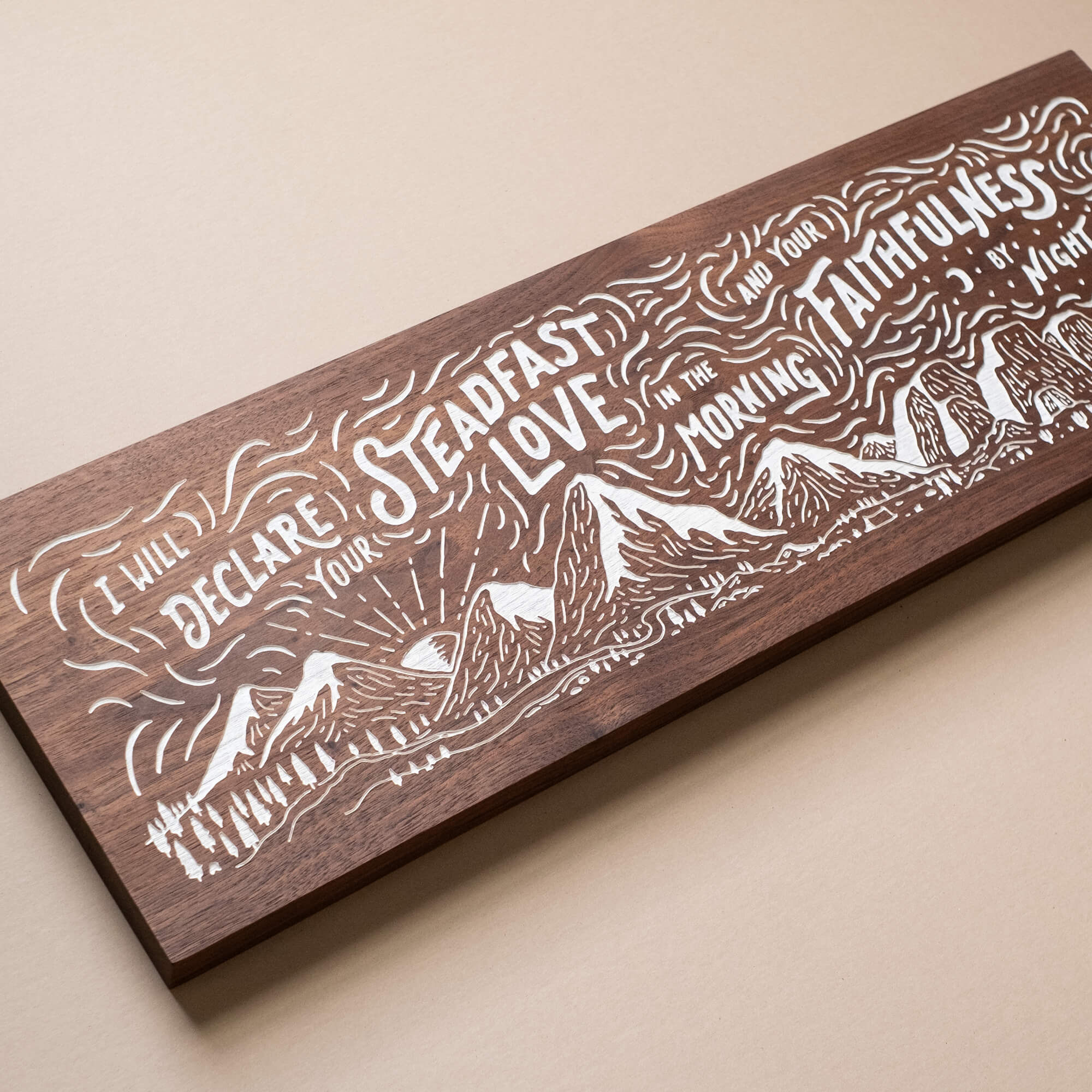Psalm 92:2 Steadfast Love hand-drawn and hand-painted walnut wood engraving by Scripture Type