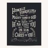 Humble yourselves casting all your anxieties on Him 1 Peter 5:6-7 framed Scripture wall art hand-drawn by Scripture Type #color_charcoal