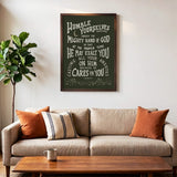Humble yourselves casting all your anxieties on Him 1 Peter 5:6-7 framed Scripture wall art hand-drawn by Scripture Type #color_forest