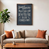 Humble yourselves casting all your anxieties on Him 1 Peter 5:6-7 framed Scripture wall art hand-drawn by Scripture Type #color_navy