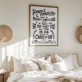 Humble yourselves casting all your anxieties on Him 1 Peter 5:6-7 framed Scripture wall art hand-drawn by Scripture Type #color_black & white