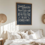 Humble yourselves casting all your anxieties on Him 1 Peter 5:6-7 framed Scripture wall art hand-drawn by Scripture Type #color_navy