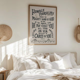 Humble yourselves casting all your anxieties on Him 1 Peter 5:6-7 framed Scripture wall art hand-drawn by Scripture Type #color_stone