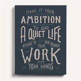 Work with your hands 1 Thessalonians 4:11 framed canvas wall art hand-drawn by Scripture Type #color_navy