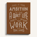 Work with your hands 1 Thessalonians 4:11 framed canvas wall art hand-drawn by Scripture Type #color_terracotta