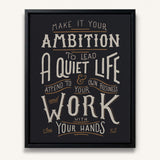 Work with your hands 1 Thessalonians 4:11 framed canvas wall art hand-drawn by Scripture Type #color_charcoal