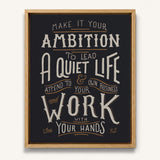 Work with your hands 1 Thessalonians 4:11 framed canvas wall art hand-drawn by Scripture Type #color_charcoal
