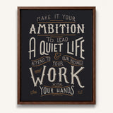 Work with your hands 1 Thessalonians 4:11 framed canvas wall art hand-drawn by Scripture Type #color_charcoal