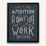 Work with your hands 1 Thessalonians 4:11 framed canvas wall art hand-drawn by Scripture Type #color_navy