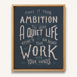 Work with your hands 1 Thessalonians 4:11 framed canvas wall art hand-drawn by Scripture Type #color_navy