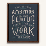Work with your hands 1 Thessalonians 4:11 framed canvas wall art hand-drawn by Scripture Type #color_navy