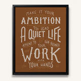 Work with your hands 1 Thessalonians 4:11 framed canvas wall art hand-drawn by Scripture Type #color_terracotta