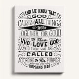 Romans 8:28 All Things For Good hand-drawn Christian framed canvas wall art by Scripture Type #color_black & white