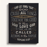 Romans 8:28 All things for good hand-drawn Scripture framed canvas wall art by Scripture Type #color_charcoal