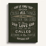 Romans 8:28 All things for good hand-drawn Scripture framed canvas wall art by Scripture Type #color_forest