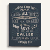 Romans 8:28 All Things For Good hand-drawn Christian framed canvas wall art by Scripture Type #color_navy