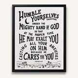 Humble yourselves casting all your anxiety 1 Peter 5:6-7 framed canvas wall art hand-drawn by Scripture Type #color_black & white