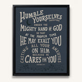 Humble yourselves casting all your anxiety 1 Peter 5:6-7 framed canvas wall art hand-drawn by Scripture Type #color_navy
