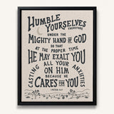 Humble yourselves casting all your anxiety 1 Peter 5:6-7 framed canvas wall art hand-drawn by Scripture Type #color_stone