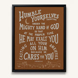 Humble yourselves casting all your anxiety 1 Peter 5:6-7 framed canvas wall art hand-drawn by Scripture Type #color_terracotta