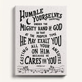 Humble yourselves casting all your anxiety 1 Peter 5:6-7 framed canvas wall art hand-drawn by Scripture Type #color_black & white