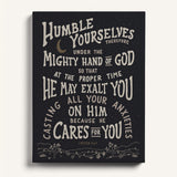 Humble yourselves casting all your anxiety 1 Peter 5:6-7 framed canvas wall art hand-drawn by Scripture Type #color_charcoal