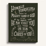 Humble yourselves casting all your anxiety 1 Peter 5:6-7 framed canvas wall art hand-drawn by Scripture Type #color_forest
