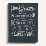 Humble yourselves casting all your anxiety 1 Peter 5:6-7 framed canvas wall art hand-drawn by Scripture Type #color_navy