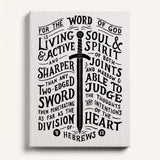 The Word of God is Living and Active Hebrews 4:12 Scripture canvas wall art hand-drawn by Scripture Type #color_black & white