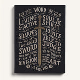 The Word of God is Living and Active Hebrews 4:12 Scripture canvas wall art hand-drawn by Scripture Type #color_charcoal