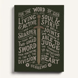 The Word of God is Living and Active Hebrews 4:12 Scripture canvas wall art hand-drawn by Scripture Type #color_forest