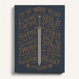 The Word of God is Living and Active Hebrews 4:12 Scripture canvas wall art hand-drawn by Scripture Type #color_navy