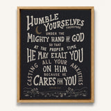 Humble yourselves casting all your anxiety 1 Peter 5:6-7 framed canvas wall art hand-drawn by Scripture Type #color_charcoal