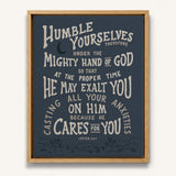 Humble yourselves casting all your anxiety 1 Peter 5:6-7 framed canvas wall art hand-drawn by Scripture Type #color_navy