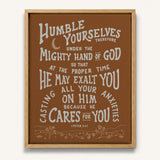 Humble yourselves casting all your anxiety 1 Peter 5:6-7 framed canvas wall art hand-drawn by Scripture Type #color_terracotta