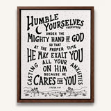 Humble yourselves casting all your anxiety 1 Peter 5:6-7 framed canvas wall art hand-drawn by Scripture Type #color_black & white