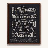 Humble yourselves casting all your anxiety 1 Peter 5:6-7 framed canvas wall art hand-drawn by Scripture Type #color_charcoal