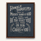 Humble yourselves casting all your anxiety 1 Peter 5:6-7 framed canvas wall art hand-drawn by Scripture Type #color_navy