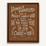 Humble yourselves casting all your anxiety 1 Peter 5:6-7 framed canvas wall art hand-drawn by Scripture Type #color_terracotta