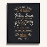 Psalm 78:4,7 Glorious Deeds hand-drawn verse framed art print by Scripture Type #color_charcoal