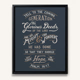 Psalm 78:4,7 Glorious Deeds hand-drawn by Scripture Type framed canvas #color_navy