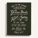 Psalm 78:4,7 Glorious Deeds hand-drawn by Scripture Type framed canvas #color_forest