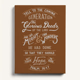 Psalm 78:4,7 Glorious Deeds hand-drawn by Scripture Type framed canvas #color_terracotta