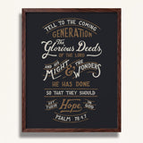 Psalm 78:4,7 Glorious Deeds hand-drawn verse framed art print by Scripture Type #color_charcoal