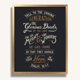 Psalm 78:4,7 Glorious Deeds hand-drawn verse framed art print by Scripture Type #color_charcoal