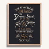 Psalm 78:4,7 Glorious Deeds hand-drawn verse framed art print by Scripture Type #color_charcoal