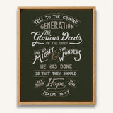Psalm 78:4,7 Glorious Deeds hand-drawn by Scripture Type framed canvas #color_forest